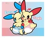  6:5 annoyed artist_name border clothed clothing diaper digital_media_(artwork) fairyfudge generation_3_pokemon gradient_background heart_symbol hug hugging_another minun nintendo one_eye_closed open_mouth open_smile plusle pokemon pokemon_(species) simple_background smile text wearing_diaper white_border 