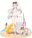  1girl @_@ adjusting_eyewear anklet arm_up armpits assault_rifle bag beach bikini blonde_hair blue_archive blush breasts bullpup crab detached_sleeves eyewear_on_head feet flower footwear_flower frilled_bikini frills full_body game_asset groin gun hair_flaps hair_ribbon halo hand_up hifumi_(blue_archive) hifumi_(swimsuit)_(blue_archive) highres holding_strap innertube jewelry l85 large_variant_set leg_up legs long_hair looking_at_viewer multi-strapped_bikini_bottom navel nervous official_art open_mouth peroro_(blue_archive) raised_inner_eyebrows ribbon ribbon-trimmed_bikini ribbon_trim rifle rolling_suitcase ruffle_bikini sand sandals seashell shell short_sleeves shoulder_bag side-tie_bikini_bottom sidelocks small_breasts solo standing standing_on_one_leg starfish stomach suitcase sunglasses sweat swim_ring swimsuit tachi-e thighs third-party_source toes transparent_background transparent_bag twintails variant_set water weapon white_bikini white_ribbon white_sandals white_sleeves wide-eyed yellow_eyes yellow_halo yutokamizu 