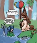  absurd_res animal_humanoid aquatic asian_clothing balloon blue_hair brown_hair brown_tail canid canid_humanoid canine canine_humanoid cattail_(plant) clothing dialogue dress drill_curls duo ear_fins east_asian_clothing english_text female fin forest green_clothing green_kimono hair hair_over_eyes hi_res holding_balloon holding_object humanoid inflatable japanese_clothing kagerou_imaizumi kimono lgbt_pride lgbt_pride_month looking_at_another mammal mammal_humanoid mcsquiddies merfolk obscured_eyes partially_submerged plant speech_bubble split_form tail text touhou tree wakasagihime water white_clothing white_dress wolf_humanoid 