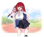  1girl ahoge akane_lize arm_out_of_sleeve black_skirt blue_sky blurry blurry_background blush border breasts cleavage collared_shirt colored_inner_hair commentary contrapposto cropped_legs dandandanholo day grey_eyes hair_ornament hairclip hand_on_own_hip highres holding holding_tennis_racket jacket large_breasts long_hair looking_at_viewer miniskirt multicolored_hair outdoors outline outside_border pleated_skirt polo_shirt racket red_hair running_track shirt short_sleeves single_hair_intake skirt sky solo standing stellive straight_hair streaked_hair sweat sweaty_clothes tennis_racket unbuttoned unworn_jacket very_long_hair virtual_youtuber white_border white_outline 