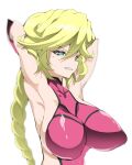  1girl armpits arms_up blonde_hair blush braid braided_ponytail breasts carol_malus_dienheim covered_nipples green_eyes highres large_breasts long_hair mole mole_under_eye ohako older senki_zesshou_symphogear shiny shiny_clothes shiny_hair shiny_skin side_cutout sideless_outfit simple_background solo white_background 