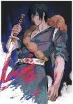  1boy amk_(amkgkd) black_hair blood blood_on_face bloody_clothes bloody_weapon blue_background blue_blood blue_eyes closed_mouth cowboy_shot creature expressionless floral_print fushiguro_touji grey_kimono hair_between_eyes highres holding holding_weapon japanese_clothes jujutsu_kaisen kimono looking_to_the_side male_focus obi open_mouth reverse_grip sash scar scar_on_face short_hair short_sleeves solo weapon 
