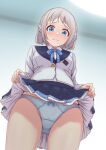  1girl black_overskirt blue_eyes blue_panties blue_ribbon blue_skirt blush bow bow_panties braid clothes_lift commentary_request crotch_seam from_below gakuen_idolmaster grey_hair hair_ribbon half_up_braid hatsuboshi_gakuen_school_uniform highres idolmaster jacket katsuragi_lilja lifting_own_clothes mokocchi_(susanootransam) neck_ribbon panties pleated_skirt ribbon ribbon_in_braid school_uniform short_hair skirt skirt_lift solo thighs underwear white_jacket 
