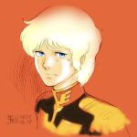  1boy absurdres aobito_sukoyaka_bystander artist_name blonde_hair blue_eyes char_aznable closed_mouth collared_jacket epaulettes frown gundam highres jacket looking_at_viewer male_focus military_uniform portrait red_background short_hair signature simple_background solo upper_body zeon 