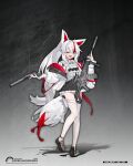  absurdres animal_ear_fluff animal_ears assault_rifle black_skirt breasts brown_shoes bulletproof_vest commentary_request fang fox_ears fox_girl fox_tail gun handgun highres holding holding_gun holding_weapon jacket looking_at_viewer magazine_(object) multicolored_hair one_eye_closed original porcelainsphere red_eyes red_hair rifle shirt shoes skirt small_breasts standing tail thighhighs weapon white_hair white_jacket white_shirt white_thighhighs 