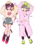  2girls absurdres animal_on_head artist_name belt black_belt black_hair black_pants brown_hair cat cat_on_head coat commentary_request creature_on_head drop_shadow eve_(musician) full_body green_shoes green_shorts grin heart highres kawa_(ricopin35) kneehighs kokoro_yohou_(vocaloid) lab_coat long_belt loose_socks medium_hair multiple_girls on_head one_eye_closed pants pink_coat pointing pointing_up shoes shorts side-by-side simple_background slippers smile socks song_name sweater sweater_tucked_in white_background yellow_sweater 