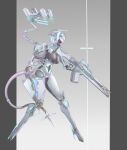  1girl absurdres assault_rifle breasts commentary_request covered_navel covered_nipples cyborg drawing_gun faceless faceless_female full_body grey_background gun handgun high_heels highres holding holding_gun holding_weapon holster joints kongtiao_cheng_tai_lang large_breasts latex mecha_musume original rifle robot_joints short_hair solo tail thigh_holster variant_set very_short_hair weapon white_hair 