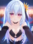  1girl :q all_fours alternate_costume bare_shoulders black_choker black_gloves black_leotard black_ribbon black_thighhighs blue_flower blue_hair blush breasts candle candlelight candlestand choker closed_mouth clothing_cutout collarbone commentary_request crossed_bangs diamond_cutout elbow_gloves fang flower foreshortening fur-trimmed_gloves fur_trim gloves groin hair_between_eyes hair_flower hair_intakes hair_ornament hair_ribbon hamidashi_creative heart heart-shaped_pupils highleg highleg_leotard highres indoors leotard licking_lips long_hair looking_at_viewer nanatsu_(na_na_tsu) navel navel_cutout orange_flower pov red_eyes red_flower red_rose ribbon rose small_breasts smile snowflake_hair_ornament solo straight-on strapless strapless_leotard symbol-shaped_pupils thighhighs tongue tongue_out twitter_username very_long_hair yukige_shiki 