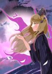  1girl absurdres black_dress black_hat blonde_hair chinese_clothes commentary_request dalachi_(headdress) dress energy_tail fox_tail gasubanana hat highres junko_(touhou) long_hair long_sleeves multiple_tails neck_ribbon rain red_tabard ribbon smile solo tabard tail touhou wide_sleeves yellow_ribbon 