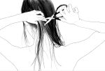  1girl arms_up back cutting_hair from_behind greyscale highres holding holding_own_hair holding_scissors long_hair loose_hair_strand monochrome original portrait scissors simple_background solo sosososonanamu straight_hair topless_female white_background 