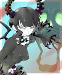  1girl black_dress black_hair black_horns black_rock_shooter breasts commentary_request dead_master dress fangs green_eyes horns medium_breasts medium_hair nipples pale_skin skeletal_hand skeletal_wings skull tongue tongue_out tsumori wings 