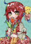  1girl absurdres commentary_request dress flower highres holding holding_flower lupin_strawberry original painting_(medium) red_dress red_flower red_hair simple_background solo traditional_media upper_body watercolor_(medium) 