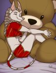  anthro bottomwear breasts canid canine canis clothed clothing digital_media_(artwork) dreadlocks eyes_closed female fur hair inktiger jackal mammal plushie shorts sitting smile solo tail topwear under_boob 