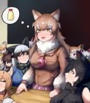  animal_ear_fluff animal_ears black_serval_(kemono_friends) blush brown_hair caracal_(kemono_friends) commentary_request douhuli empty_eyes fang fine_art_parody freedom_of_speech fur_collar highres japanese_wolf_(kemono_friends) kemono_friends kemono_friends_3 long_hair long_sleeves mammoth_(kemono_friends) maneki-neko_(kemono_friends) mayonnaise multicolored_hair multiple_girls neckerchief necktie open_mouth parody plaid_clothes plaid_neckerchief plaid_necktie sand_cat_(kemono_friends) silver_fox_(kemono_friends) skirt smile smilodon_(kemono_friends) speech_bubble standing tasmanian_tiger_(kemono_friends) thought_bubble two-tone_hair white_hair wolf_ears wolf_girl 