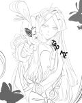  1girl absurdres aiming aiming_at_viewer bug butterfly greyscale gun hair_ornament highres holding holding_gun holding_weapon long_hair looking_at_viewer lorentz_butterfly meme mole mole_under_eye monochrome official_art reverse:1999 shirt smile solo tap_me_(meme) upper_body weapon white_background 