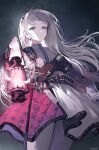  1girl ammunition_belt arknights artist_name black_bow black_dress bow commentary cowboy_shot do_novii dress earrings front-seamed_legwear frown grey_eyes grey_hair gun handgun highres holding holding_lantern irene_(arknights) jewelry lantern long_hair long_sleeves looking_at_viewer pantyhose rapier scabbard scar scar_across_eye scar_on_face seamed_legwear sheath simple_background solo sword very_long_hair weapon white_pantyhose 