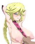  1boy 1girl armpits arms_up blonde_hair blush braid braided_ponytail breasts carol_malus_dienheim clothes_pull green_eyes highres large_breasts long_hair mole mole_under_eye motion_blur nipples ohako older puffy_nipples senki_zesshou_symphogear shiny shiny_clothes shiny_hair shiny_skin side_cutout sideless_outfit simple_background solo_focus white_background 