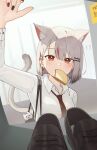  1girl absurdres animal_ears bread bread_slice cabinet cat_ears cat_girl cat_tail commentary_request food food_in_mouth grey_hair ha0n highres korean_commentary korean_text looking_at_viewer maro_(neneko_mashiro) medium_hair necktie neneko_mashiro red_eyes red_hair red_necktie shirt stellive tail translation_request white_shirt 