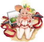  +_+ 1girl bikini black_horns blonde_hair blue_archive blush bracelet breasts cleavage cooler curled_horns eating flipped_hair flower food food_bite food_on_face front-tie_bikini_top front-tie_top fruit full_body game_asset green_ribbon gun gun_sling hair_ornament hairclip halo hands_up happy hat hat_flower hat_ribbon hibiscus highres holding holding_food holding_fruit horns izumi_(blue_archive) izumi_(swimsuit)_(blue_archive) jewelry large_breasts large_variant_set legs long_hair looking_at_viewer machine_gun mg3 mole mole_on_thigh multiple_bracelets mx2j navel o-ring o-ring_bikini official_art on_ground open_mouth pineapple red_bikini red_flower red_sandals ribbon sand sandals scrunchie side-tie_bikini_bottom sidelocks simple_background sitting smile solo star_(symbol) straight-on straw_hat string_bikini sun_hat sunflower swimsuit tachi-e teeth thick_thighs thighs third-party_source transparent_background variant_set very_long_hair wariza watermelon watermelon_slice weapon wet wrist_scrunchie yellow_eyes yellow_flower yellow_halo yellow_hat 