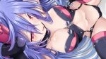  1girl armpits arms_up black_gloves black_leotard black_thighhighs blue_hair body_blush breasts cameltoe cleavage clothing_cutout commentary_request elbow_gloves from_above gloves iris_heart_(neptunia) iwashi_dorobou_-r- kami_jigen_game_neptune_v large_breasts leotard light_blush long_hair mature_female naughty_face navel navel_cutout neptune_(series) open_mouth pink_eyes power_symbol power_symbol-shaped_pupils shiny_clothes shiny_skin sideways skindentation smile solo spread_legs symbol-shaped_pupils thighhighs very_long_hair white_background 