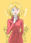  1girl 2boys absurdres amuro_ray aobito_sukoyaka_bystander arm_behind_back blonde_hair blue_eyes casual char_aznable coat collared_shirt commentary_request earth_federation finger_to_mouth gundam highres index_finger_raised looking_at_viewer medium_hair mobile_suit_gundam monochrome_inset multiple_boys one_eye_closed pink_coat purple_shirt sayla_mass shirt shushing smile straight_hair translation_request yellow_background zeon 