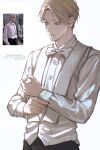  1boy absurdres adjusting_clothes adjusting_cuffs animification black_pants blonde_hair blue_eyes bow bowtie commentary_request draco_malfoy harry_potter_(series) harry_potter_and_the_goblet_of_fire highres male_focus monaca_vol official_alternate_costume pants parted_bangs parted_lips reference_inset tuxedo tuxedo_shirt twitter_username white_bow white_bowtie wizarding_world 
