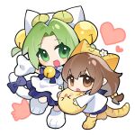  2girls :o animal_hat apron bell blue_bow blue_bowtie blue_dress blue_sailor_collar blush bow bowtie brown_eyes brown_hair cat_hat chibi chibi_only dejiko di_gi_charat dress fanniko flower gema green_eyes green_hair hair_bell hair_ornament hat hat_flower heart highres long_hair long_sleeves looking_at_viewer looking_to_the_side mittens multiple_girls neck_bell open_mouth parted_bangs paw_shoes puchiko ribbon sailor_collar shirt sidelocks simple_background sleeves_past_wrists tail tail_ornament tail_ribbon two_side_up white_background white_flower white_mittens white_shirt white_tail 