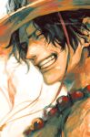  1boy artist_name bead_necklace beads black_hair closed_eyes face freckles grin happy hat highres jewelry male_focus necklace one_piece portgas_d._ace portrait short_hair smile solo tsuyomaru twitter_username watermark 