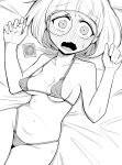  1girl andromalius_(megido72) bikini blunt_bangs blush bob_cut breasts commentary_request condom condom_wrapper covered_nipples cowboy_shot greyscale highres inarou_(rakugakiproject) lying medium_breasts megido72 micro_bikini monochrome monocle nervous_sweating on_back pear-shaped_figure perky_breasts petite raised_inner_eyebrows short_hair solo sweat swimsuit tearing_up wavy_mouth 