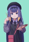  1girl bag bangs beret black_dress blue_background blunt_bangs chuo8008 dress hair_ornament handbag hat highres holding holding_paintbrush hololive hololive_english long_hair looking_at_viewer mole mole_under_eye ninomae_ina&#039;nis paintbrush palette pointy_ears purple_eyes purple_hair simple_background smile solo virtual_youtuber 