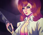  1girl breasts brown_eyes brown_hair buttons closed_mouth colored_eyelashes commentary cornd0ggo derivative_work english_commentary evil_smile eyelashes eyeshadow gun handgun highres holding holding_gun holding_weapon indoors lips lipstick long_sleeves lupin_iii makeup medium_hair mine_fujiko open_clothes open_shirt pink_lips screenshot_redraw shirt smile solo wavy_hair weapon white_shirt 