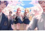  2girls 5boys aeon_(shining_nikki) alternate_universe backpack bag belt belt_buckle black_bag black_socks blazer blonde_hair blue_eyes blue_hair blue_jacket blue_shirt blue_skirt blue_vest book bow bowtie breast_pocket brother_and_sister brown_eyes buckle buttons cherry_blossoms collared_jacket crest day dot_nose double-breasted elf eyelashes facial_mark falling_petals forehead gold_buckle green_eyes grey_hair grey_thighhighs hair_between_eyes half-siblings happy highres holding holding_bag holding_book instrument_case instrument_case_on_back jacket kneehighs knees kohanai_setsuna lapels leonid_(shining_nikki) light_blush loen_(shining_nikki) long_hair long_hair_between_eyes long_sidelocks looking_at_another lower_teeth_only marking_on_cheek medium_hair mercury_(shining_nikki) miniskirt modric_(shining_nikki) multiple_boys multiple_girls necktie nikki_(nikki) nikki_(series) notched_lapels one_side_up open_book open_mouth ophelia_(shining_nikki) outdoors parted_lips petals pink_hair pleated_skirt pocket pointy_ears reading sailor_collar school school_bag school_uniform shade shining_nikki shirt shirt_under_sweater short_hair siblings sidelocks skirt smile socks spring_(season) star_(symbol) star_facial_mark sweater talking teeth thighhighs tile_floor tiles tree upper_teeth_only v-neck very_long_hair vest violin_case wavy_hair white_belt white_bow white_bowtie white_necktie white_sailor_collar white_shirt white_sweater zettai_ryouiki 