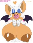  absurd_res anthro areola big_areola big_breasts breasts chiropteran eyes_closed eyeshadow female habbodude hi_res huge_breasts kneeling lips lipstick makeup mammal nipples open_mouth puffy_nipples rouge_the_bat solo sonic_the_hedgehog_(series) tongue tongue_out 