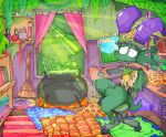  amphibian anthro book carpet cauldron chair cloak clothing computer_mouse electronics flower food frog furniture gem green_body hat headgear headwear herbs hi_res male monitor office_chair pizza plant potion roksim solo spiko straw_hat veggiefolk window 
