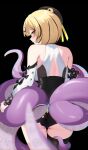  1girl 4kebidayo absurdres ass asymmetrical_shorts back bare_shoulders black_background black_hat blonde_hair blush detached_sleeves from_behind hat high-waist_shorts highres looking_at_viewer multicolored_hair purple_eyes shirt short_hair shorts simple_background single_thighhigh smile solo tentacle_girl tentacle_tail tentacles thighhighs thighs white_shirt yidhari_murphy zenless_zone_zero 