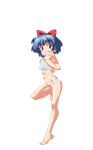  1girl anime_coloring barefoot blue_hair bow bow_hairband bra breasts clenched_teeth collarbone full_body game_asset hair_bow hairband hands_up highres mahotama maki_daikichi medium_breasts mei_(mahotama) navel official_art panties red_bow red_eyes short_hair simple_background solo standing standing_on_one_leg surprised tachi-e teeth third-party_source tiptoes transparent_background underwear underwear_only visual_novel_cg white_bra white_panties wide-eyed 