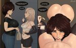  2girls ass big_hero_6 black_choker black_nails black_shirt black_thighhighs blonde_hair blush breasts brown_hair cass_hamada cerez_(rocner) choker curvy ear_piercing english_text fellatio futa_with_female futanari green_eyes highleg highleg_panties highres huge_ass jewelry large_breasts long_hair mature_female medium_breasts medium_hair multiple_girls necklace open_mouth oral panties piercing pov rocner shirt speech_bubble thick_thighs thighhighs thighs twitter_username underwear 