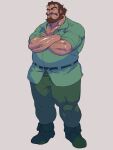  1boy alternate_hair_color arm_hair bara beard brown_hair chest_hair closed_mouth commentary_request crossed_arms facial_hair fat full_body gin241113 gundam gundam_unicorn highres male_focus mustache pectoral_cleavage pectorals short_hair simple_background solo squinting standing suberoa_zinnerman 