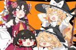  >_< 2girls anger_vein arms_behind_head arrow_(projectile) arrow_in_body arrow_in_head ascot bare_shoulders black_hair black_hat black_vest blonde_hair bow braid broom closed_eyes commentary detached_sleeves frilled_bow frilled_hair_tubes frills gohei hair_bow hair_tubes hakurei_reimu hand_on_own_hip hat highres holding holding_gohei karei kirisame_marisa long_hair looking_at_another multiple_girls nontraditional_miko object_through_head open_mouth puffy_short_sleeves puffy_sleeves red_bow red_shirt red_skirt ribbon-trimmed_sleeves ribbon_trim shirt short_sleeves single_braided_sidelock skirt sleeveless sleeveless_shirt touhou vest white_shirt yellow_ascot yukkuri_shiteitte_ne 