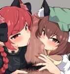  2girls ahoge animal_ear_fluff animal_ears blush braid brown_eyes brown_hair cat_ears cat_girl censored chen commentary commission cooperative_fellatio extra_ears fang fellatio ffm_threesome fingernails green_hat grey_background group_sex hat highres kaenbyou_rin long_fingernails looking_at_viewer male_pubic_hair mob_cap mosaic_censoring multiple_girls oral pov pubic_hair red_eyes red_hair red_nails rnt_(251139) short_hair simple_background teamwork_(sexual) threesome tongue touhou 