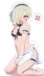  #yukitannpo 1girl absurdres apron armband arms_at_sides bare_shoulders barefoot bikini black_armband black_bow blonde_hair blush bow breasts cleavage commentary_request detached_collar fang frilled_armband frilled_bikini frills front-tie_bikini_top front-tie_top hair_over_one_eye highres kneeling legband looking_at_viewer looking_to_the_side love_live! love_live!_nijigasaki_high_school_idol_club maid maid_apron maid_bikini maid_headdress mia_taylor navel open_mouth purple_eyes short_hair simple_background skin_fang small_breasts solo speech_bubble stomach swimsuit unconventional_maid white_background wrist_cuffs 