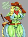  absurd_res anthro anthrofied bandanna_scarf breasts chaps clothing cowboy_hat cowgirl_outfit doctor_awesome female friendship_is_magic genitals gloves granny_smith_(mlp) handwear hasbro hat headgear headwear hi_res muscular muscular_female my_little_pony paddle topwear vest vulva 