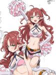  1girl ahoge arknights arm_up armpits blush breasts cheerleader clearite cosplay crop_top ear_piercing elbow_gloves gloves green_eyes halterneck long_hair lying midriff miniskirt myrtle_(arknights) navel on_side piercing pointy_ears pom_pom_(cheerleading) red_hair ribs shoes skirt small_breasts smile two_side_up white_gloves white_shoes white_skirt wulfenite_(arknights) wulfenite_(arknights)_(cosplay) wulfenite_(bouncing_rhythms)_(arknights) 