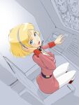  1girl 4boys absurdres amuro_ray aobito_sukoyaka_bystander blonde_hair blue_eyes blush boots breasts chair dress earth_federation from_above gundam hayato_kobayashi headpiece headset highres holding_headpiece kai_shiden knee_boots long_sleeves looking_at_viewer looking_back military military_uniform mobile_suit_gundam multiple_boys one_eye_closed open_mouth pantyhose pink_dress red_boots ryu_jose sayla_mass screen short_dress sitting small_breasts smile thumbs_up tongue white_pantyhose 