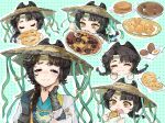  +_+ 1girl :3 =_= absurdres baitian_shui_bu_xing black_hair bowl braid brown_hat chibi chibi_inset chinese_commentary chopsticks coat commentary_request cone_hair_bun double_bun eating egg_(food) food gloves green_background green_robe hair_bun hand_on_own_cheek hand_on_own_face hat highres holding holding_chopsticks holding_food liang_yue_(reverse:1999) liang_yue_(the_moon's_reflection)_(reverse:1999) long_hair low_twin_braids official_alternate_costume open_mouth polka_dot polka_dot_background reverse:1999 rice_hat robe single_glove soup spoon tearing_up twin_braids white_coat yellow_eyes 