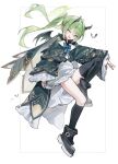  1girl absurdres alternate_costume asymmetrical_legwear black_horns black_wings blue_archive commentary demon_horns demon_wings fang green_hair green_halo hair_ornament hairclip halo highres horns huu_(dighapdlxm12) kneehighs long_hair long_sleeves looking_at_viewer mismatched_legwear nozomi_(blue_archive) open_mouth pointy_ears single_kneehigh single_sock single_thighhigh skin_fang smile socks solo thighhighs twintails white_background wings yellow_eyes 