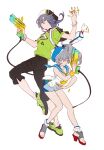  2girls absurdres amyucheu backpack bag beret black_hair black_pants blue_eyes blue_serafuku bronya_zaychik bronya_zaychik_(blue_reunion) bronya_zaychik_(valkyrie_chariot) closed_mouth commentary_request fu_hua fu_hua_(spring_traveler) full_body green_shirt grey_eyes grey_hair hat highres holding holding_water_gun homu_(honkai_impact) honkai_(series) honkai_impact_3rd jingwei_(bird) korean_commentary multiple_girls neckerchief pants sandals school_uniform serafuku shirt simple_background sleeveless water_gun white_background white_shirt yellow_neckerchief 