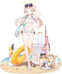  1girl adjusting_eyewear anklet arm_up armpits assault_rifle bag beach bikini blonde_hair blue_archive blush breasts bullpup closed_eyes closed_mouth crab detached_sleeves expressionless eyewear_on_head facing_viewer feet flower footwear_flower frilled_bikini frills full_body game_asset groin gun hair_flaps hair_ribbon halo hand_up hifumi_(blue_archive) hifumi_(swimsuit)_(blue_archive) highres holding_strap innertube jewelry l85 large_variant_set leg_up legs long_hair multi-strapped_bikini_bottom navel official_art peroro_(blue_archive) ribbon ribbon-trimmed_bikini ribbon_trim rifle rolling_suitcase ruffle_bikini sand sandals seashell shell short_sleeves shoulder_bag side-tie_bikini_bottom sidelocks small_breasts solo standing standing_on_one_leg starfish stomach suitcase sunglasses swim_ring swimsuit tachi-e thighs third-party_source toes transparent_background transparent_bag twintails u_u variant_set water weapon white_bikini white_ribbon white_sandals white_sleeves yellow_halo yutokamizu 