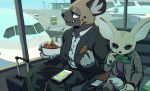  2020 aggressive_retsuko aircraft airplane anthro black_nose canid canine clothed clothing cute_fangs dessert duo female fennec fenneko food fox fully_clothed haida hi_res hyaenid ice_cream male mammal phone sanrio sitting spotted_hyena vetiver_n 