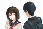  1boy 1girl 200-ko_no_chikara bag black_hair brown_hair commentary_request food food_in_mouth gradient_eyes highres kobato_jougorou multicolored_eyes osanai_yuki petite pink_eyes pocky pocky_in_mouth sailor_collar school_bag school_uniform serafuku short_hair shoushimin_series size_difference yellow_eyes 